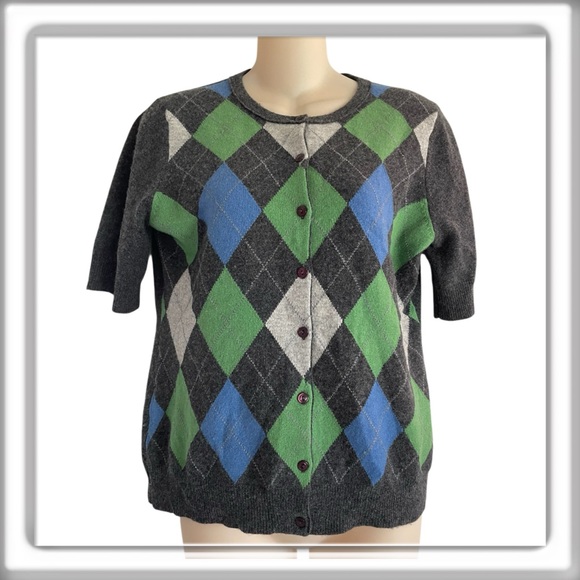 Kenar 2-Ply 100% Cashmere Argyle Short Sleeve Cardigan Sweater Gray Size Medium - Picture 1 of 9